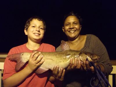Mother-Son Duo, Matt and Annent Carrasgo of Escondido, 5 Pounds 8 oz Catfish caught on Chicken Livers in