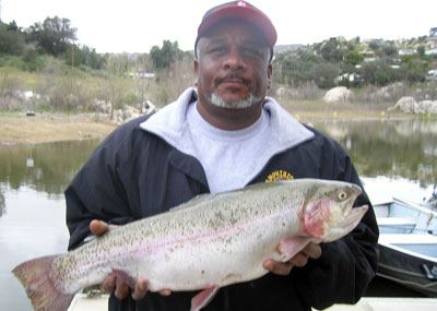Darryl Johnson of Escondido, 8.85 pound Trout caught 2-25-11 on Green Gulp Powerbait on Senior Shore