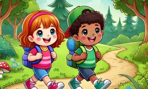 Illustration of two children in the woods